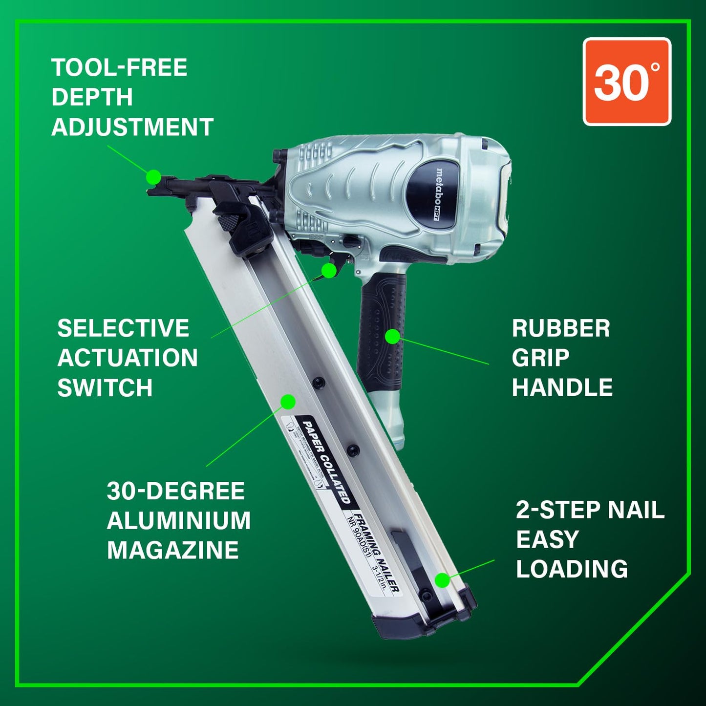 Metabo HPT Framing Nailer, Pro-Preferred Framing Tool for Flooring, Truss Build-Up, Roof Decking, and Housing Construction, Quick Switch Nailing, 3-1/2" 30° Paper Collated Nails, NR90ADS1