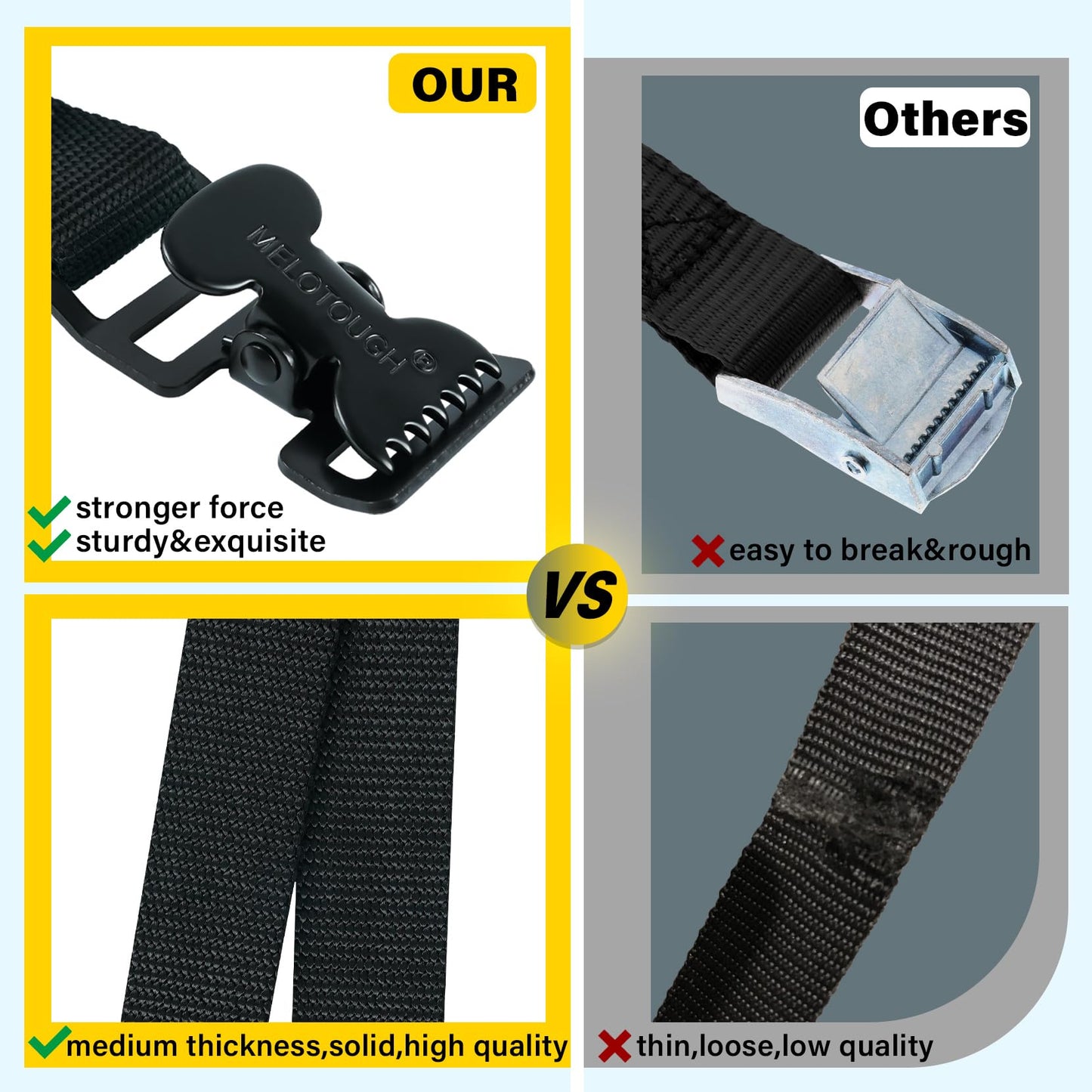 MELOTOUGH 4Pk 1" x 2ft Lashing Strap with Alligator Thumb Buckle Cargo Secure Webbing Up to 450lbs,Ladder Straps,Tie Down Straps,Utility Straps with Clips,Black