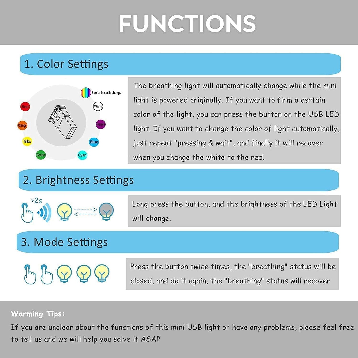 AOZITA 8 5V) 2) Mini USB LED RGB Light Brightness Adjustable Color Changeable for Car, Laptop, Keyboard. Atmosphere