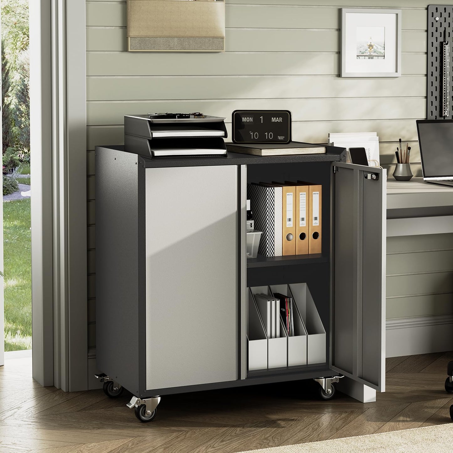ExploreHorizon 35.43" High Heavy Duty Garage Storage Cabinet, Locking Metal Cabinet with Door, Rolling Tools Chest Cart Adjustable Shelf, Tool Cabinets for Home Office Workshop