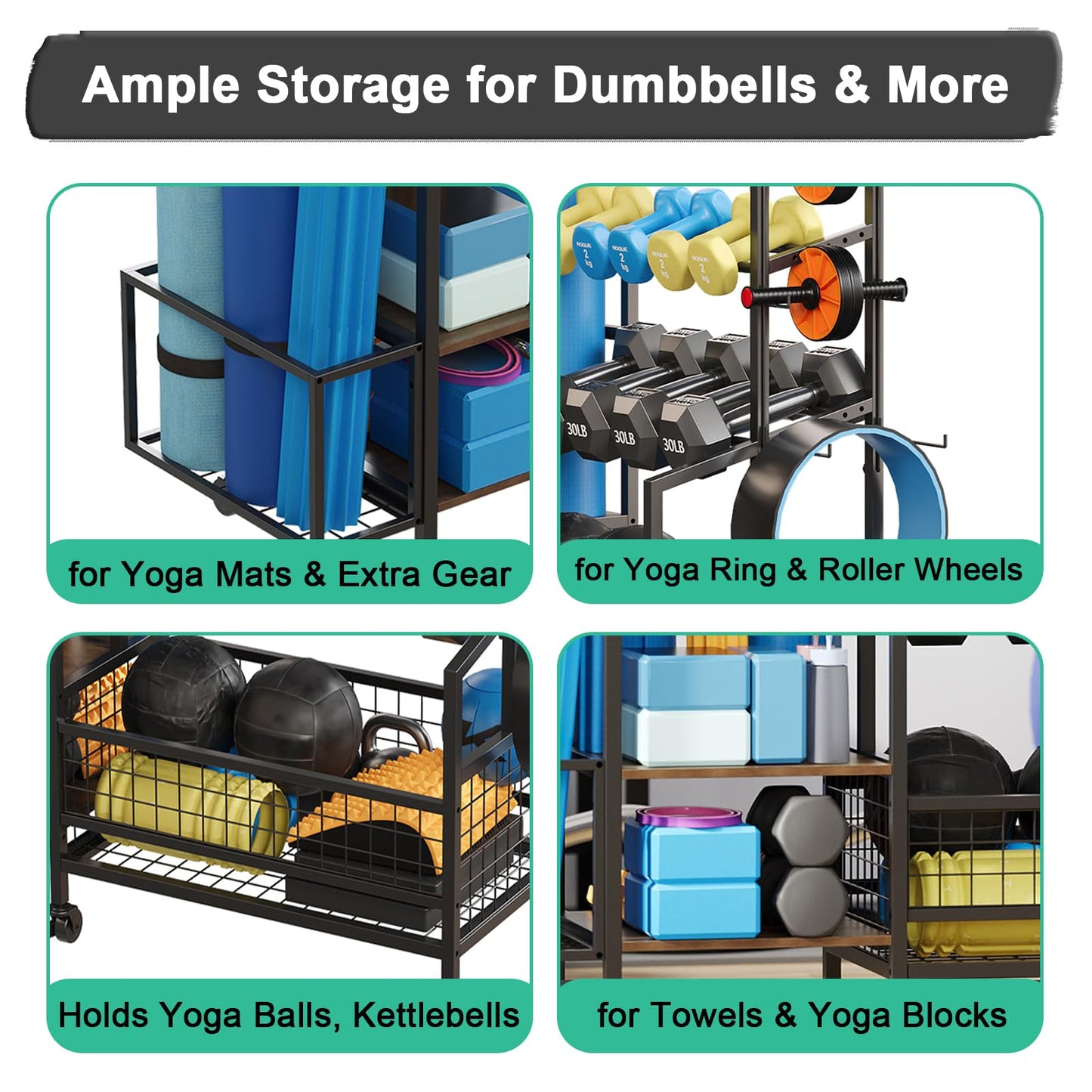 3-Tier Dumbbell Rack Stand Only - Adjustable Weight Rack for Home Gym, Heavy-Duty Weight Stand With Hooks for Dumbbells Kettlebells Foam Roller Yoga Mats Workout Equipment Storage Organizer