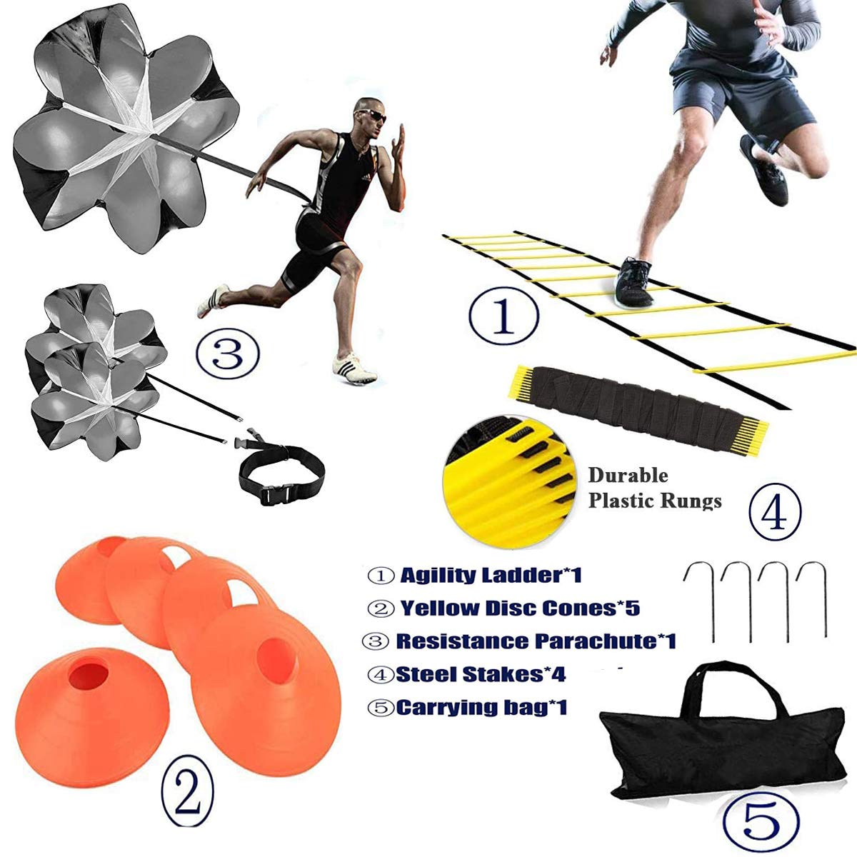 Agility Ladder, Speed Training, Soccer Agility Speed Training Equipment, 20ft Agility Ladder, 6 Soccer Cones, Running Parachute, Basketball Football Soccer Training Equipment for Kids, Youth, Adults