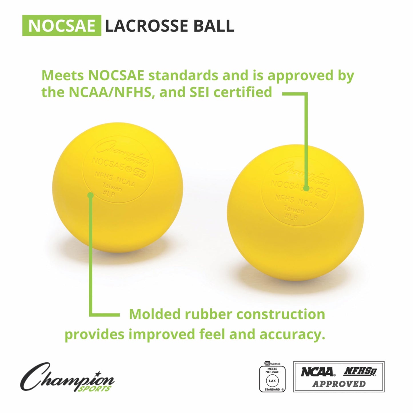 Champion Sports Lacrosse Balls – Official Size Equipment for Professional, College & High School Games, Practices & Recreation, NOCSAE, NCAA, NFHS & SEI Certified, 12-Pack, Yellow