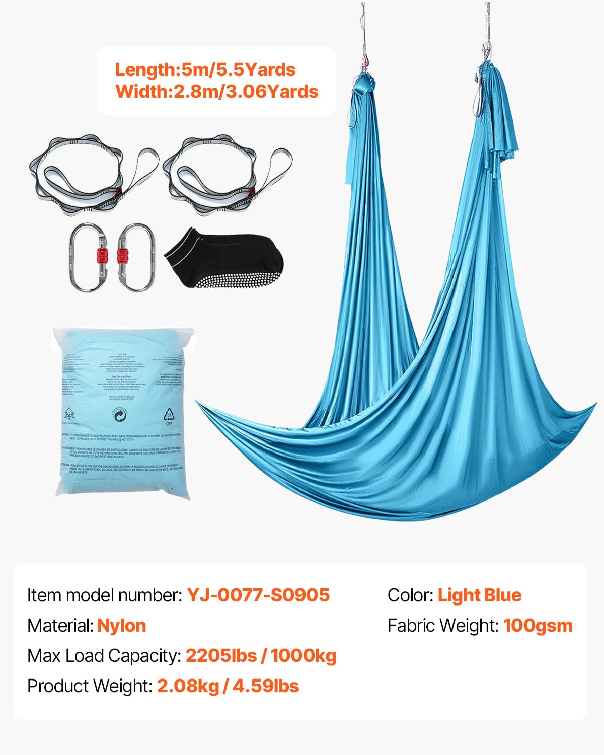 VEVOR Aerial Yoga Swing & Hammock, 5.5-Yard Yoga Swing with 100gsm Fabric, Full Suspension Hardware and Quick-Start Guide for Gravity-Defying Workouts, Beginner to Advanced, Body Sculpting (Blue)