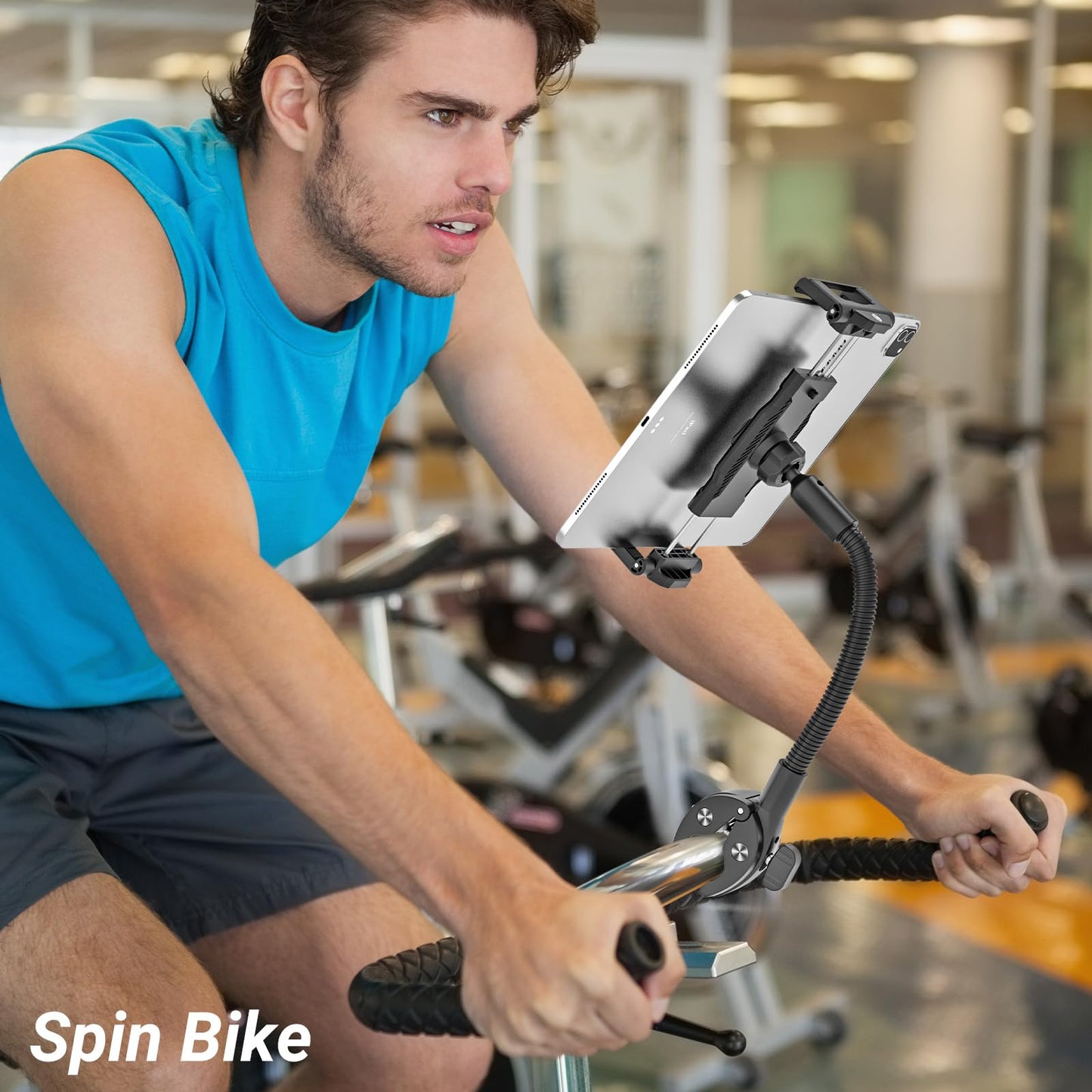INSSKY All-Metal Gooseneck Spin Bike Tablet Holder, Mount for Exercise/Stationary Bike, Elliptical, Peloton, 360° Flexible Long Arm, Heavy-Duty No-Shake, Fit for iPad Pro/Air/Mini & 6.1-15.6" Devices
