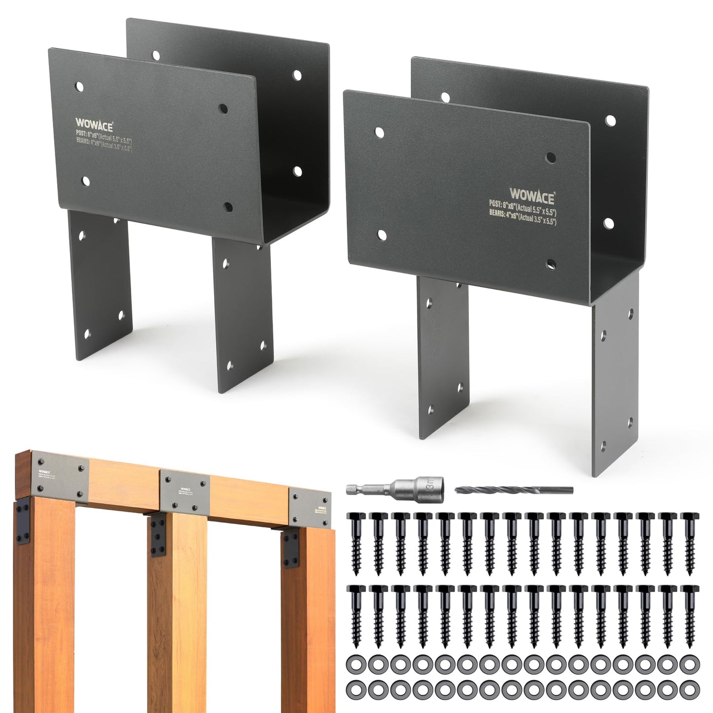 WOWACE 4Pack 4x6 (Actual 3.5"x5.5") Heavy Duty Stainless Steel Pergola Brackets - End Post to Beam Connector for Gazebos, Patio Decks, Porches - Wood Post Cap Tie Bracket (Dark Gray)