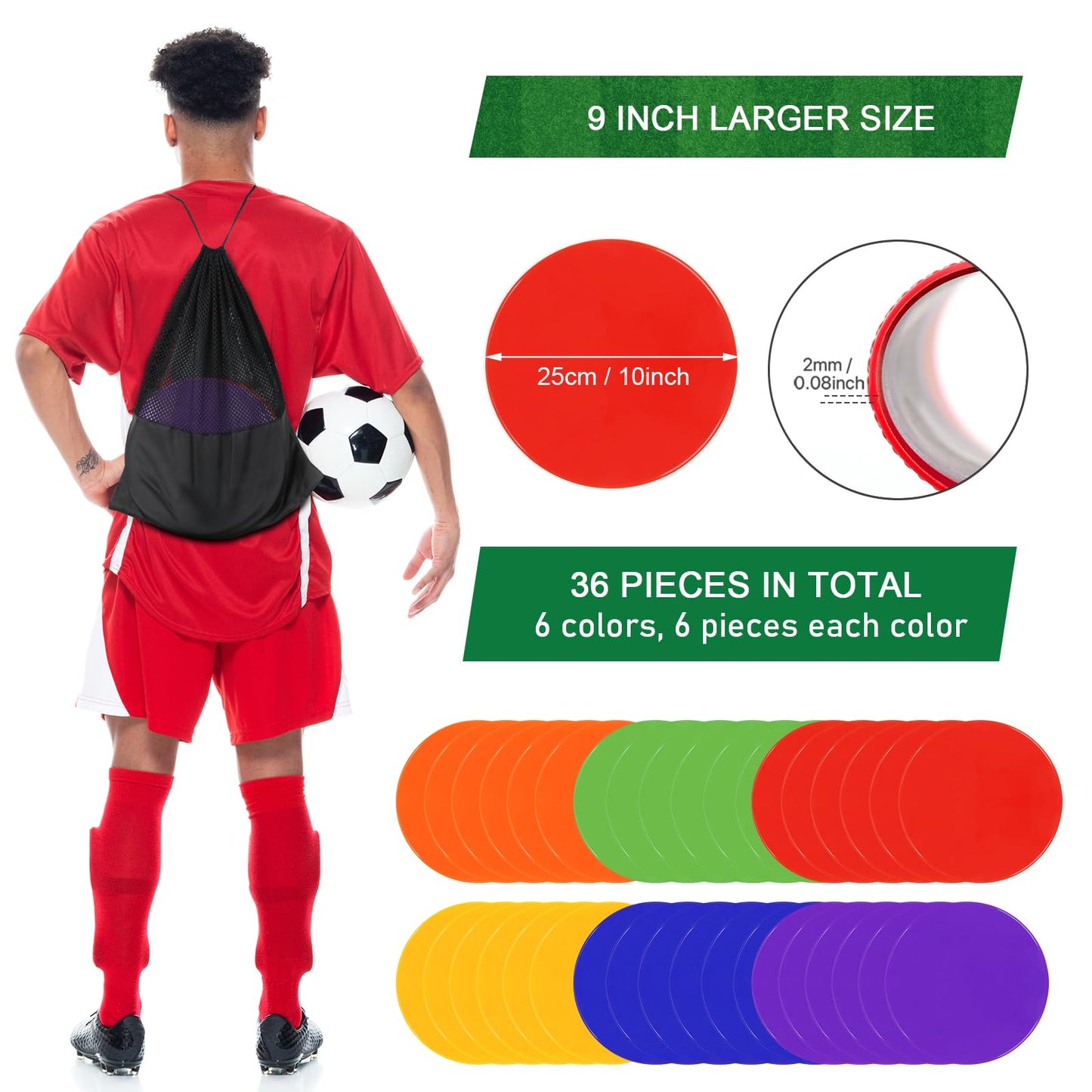 ZIECE Poly Spots Spot Markers for Gym Floor, 9inch 36 Pcs Flat Cones Non-Slip Rubber Floor Dots Circles for Sports Soccer Basketball Agility Training Dance Classroom
