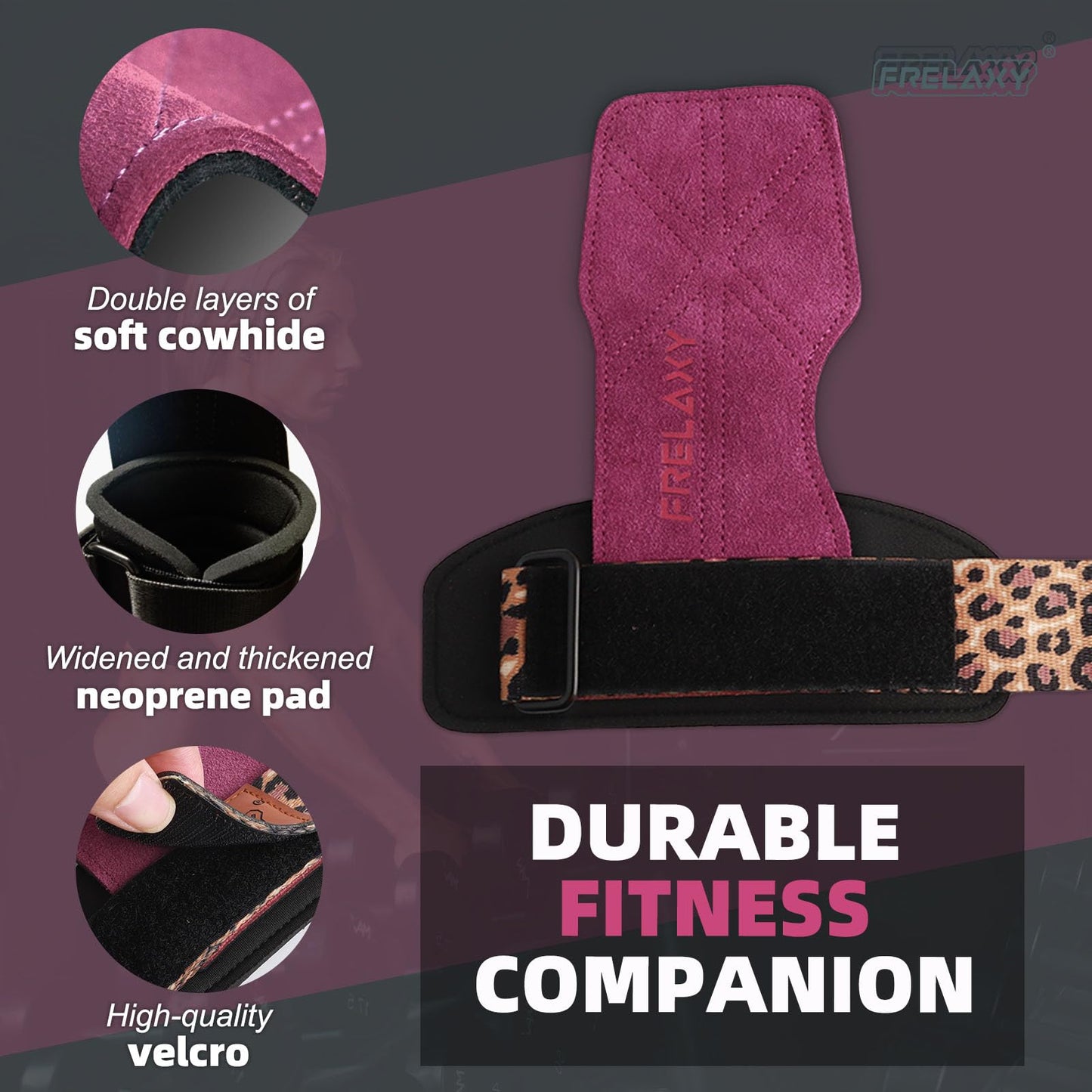 Frelaxy Lifting Wrist Straps Women and Men, Weight Lifting Grips with Cushion Wrist Loop, Double Layer Leather and Storage Pouch, Gym Workout Straps for Deadlift and Powerlifting (Purple/Leopard)