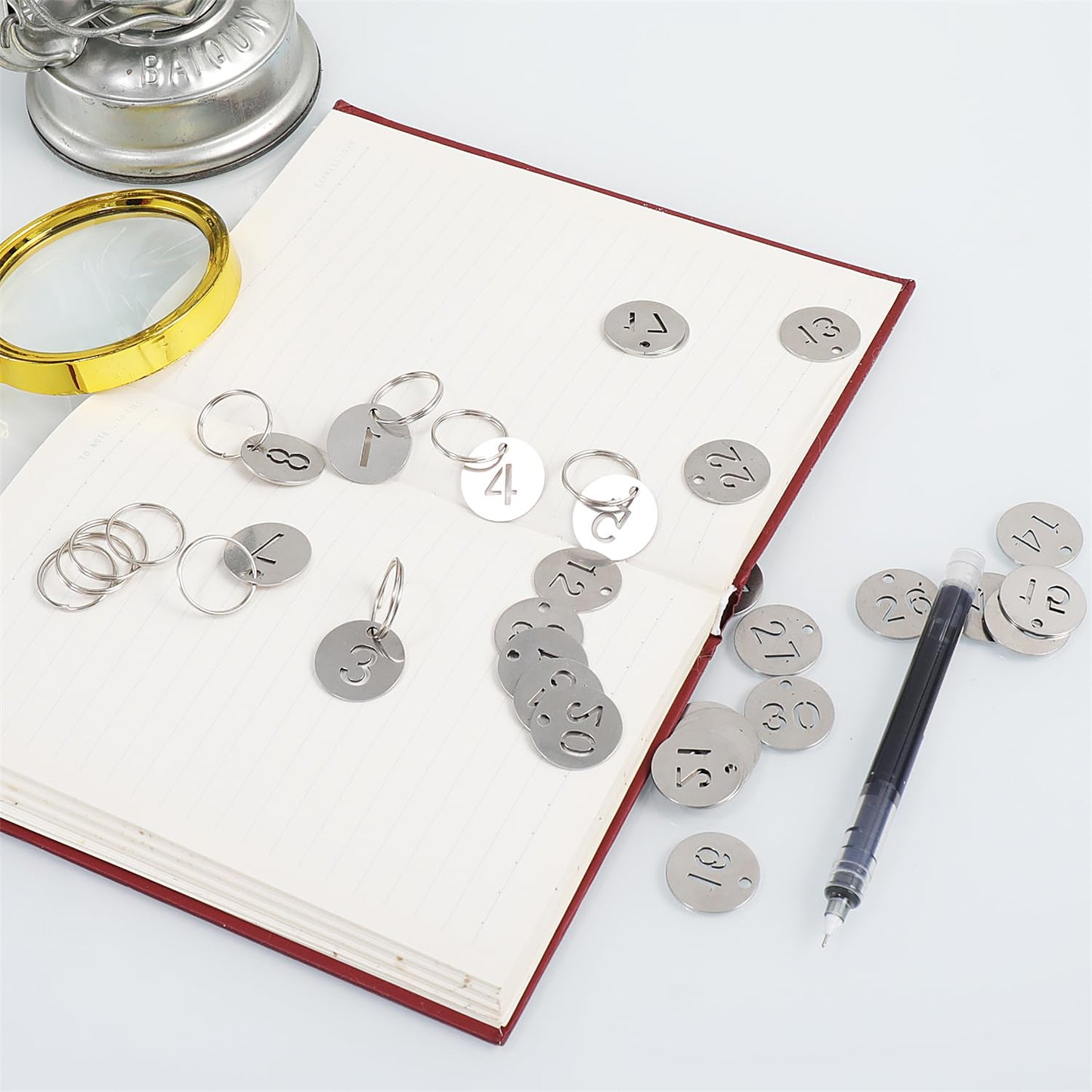 CenterZ Number Tags, Polished Stainless Steel 1 to 10 Numbered Key Tags with 10pcs Metal Split Ring (0.91 inch Diameter 0.04 inch Thick, Lightweight Hollow Numbers Round Keys ID Tag, Key Chain Labels)