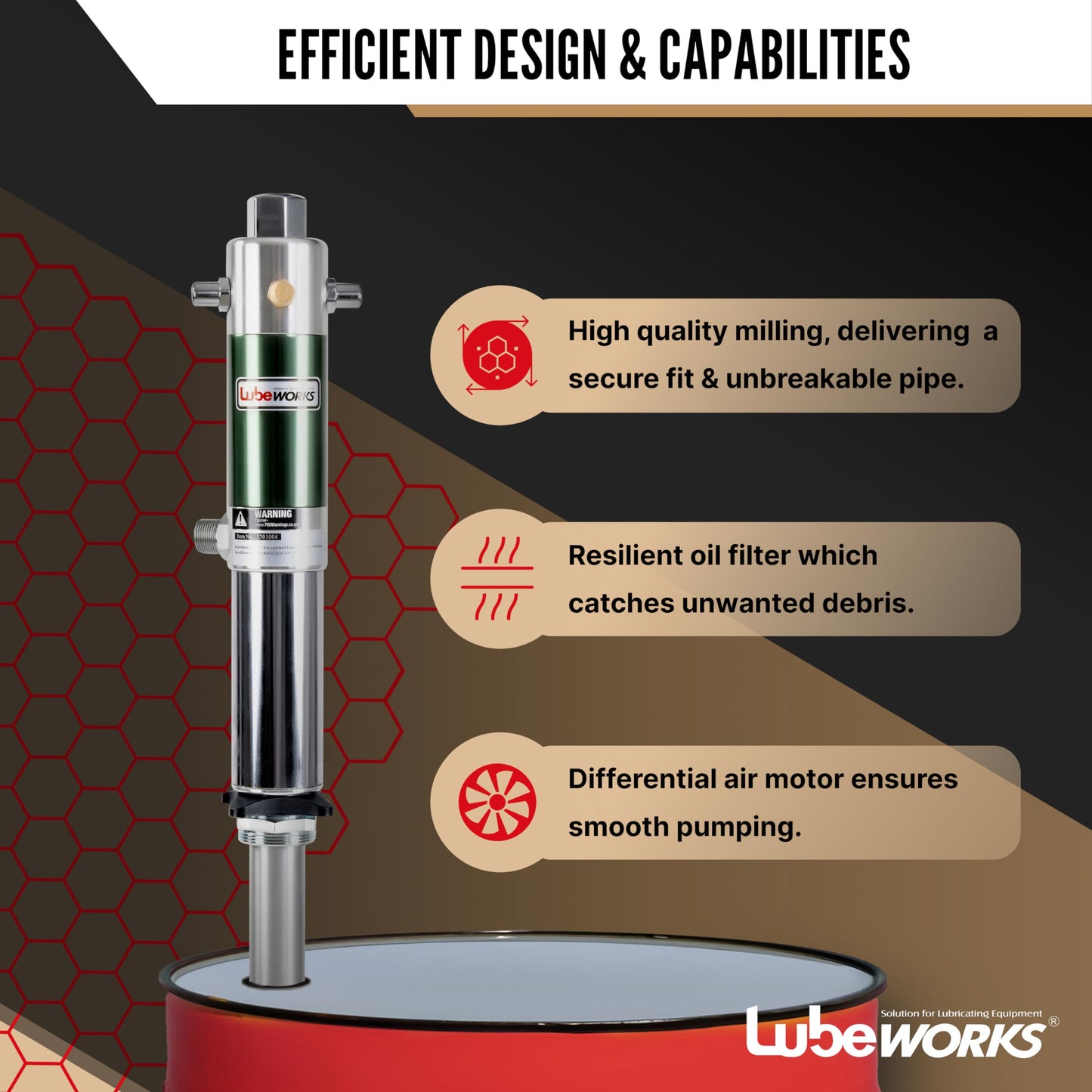 Lubeworks Oil Transfer Drum Pump Double Action 1:1 Fast High Flow Rate 8.5GPM / 32LPM for SAE130 Oils/Fluids