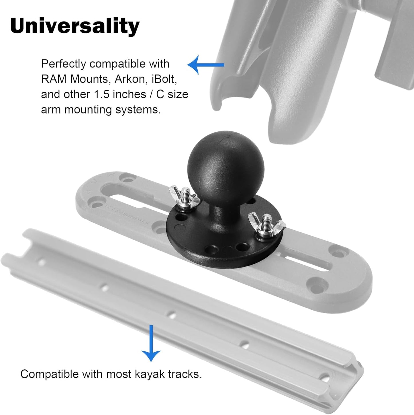 WINDFRD 1.5" 1.5 inches/C Aluminum Track Ball Mount Base with T-Bolt for Kayak/Boating/Fishing, AMPS Round Plate