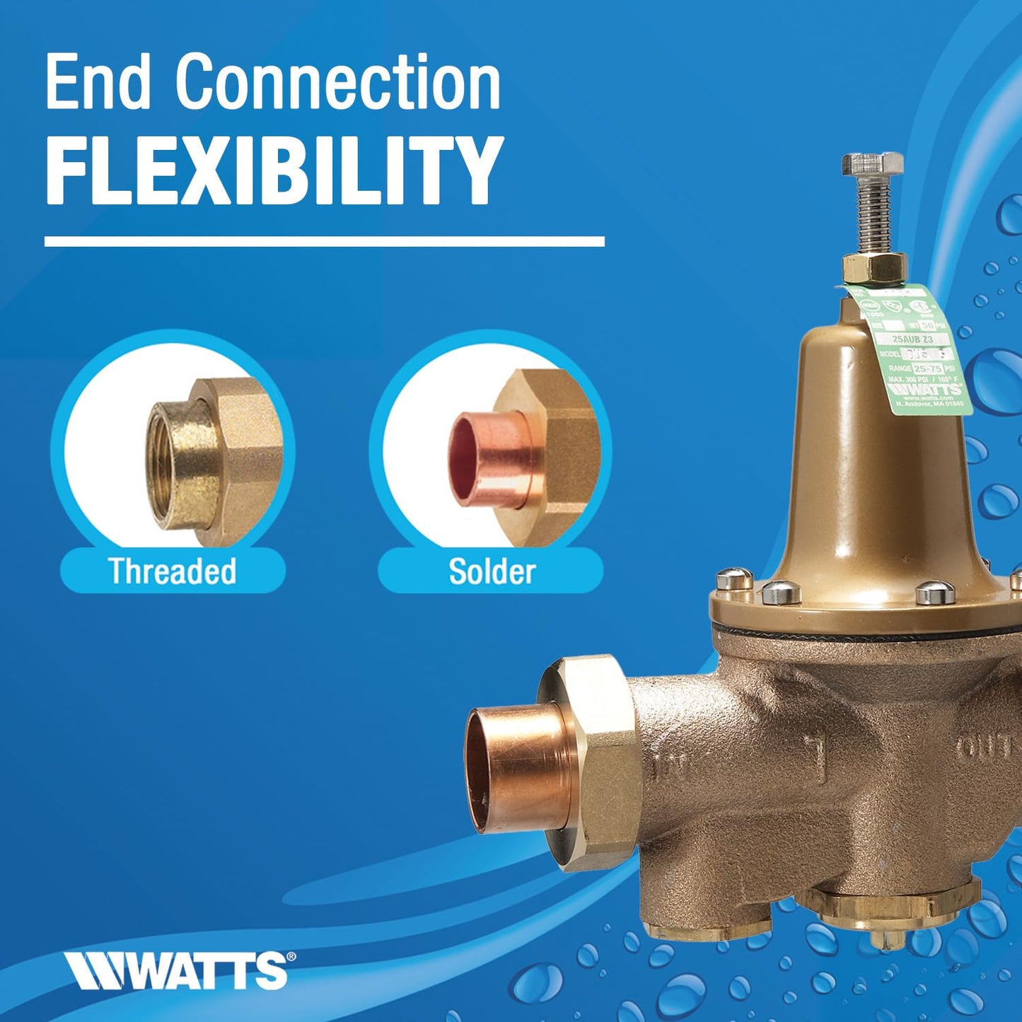 Watts LF25AUB-DU-Z3 1 Series 1-Inch Lead-Free Water Pressure Reducing Valve, Double Union, NPT Female, Polymer Seat, Elastomer Disc, Adjustable 25-75 PSI (0009322)