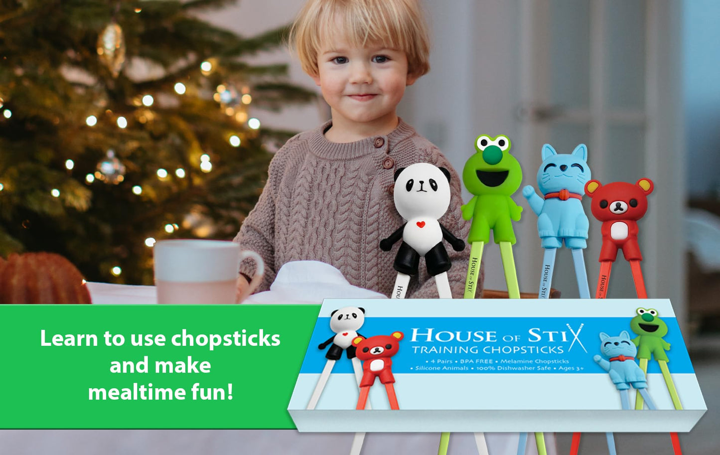 Kids Training Chopsticks for Toddlers, Kids and Adults with 4 Pairs of Removable Finger Helpers, Animal Design, BPA-Free, Dishwasher-Safe (Animals 4-Pack)