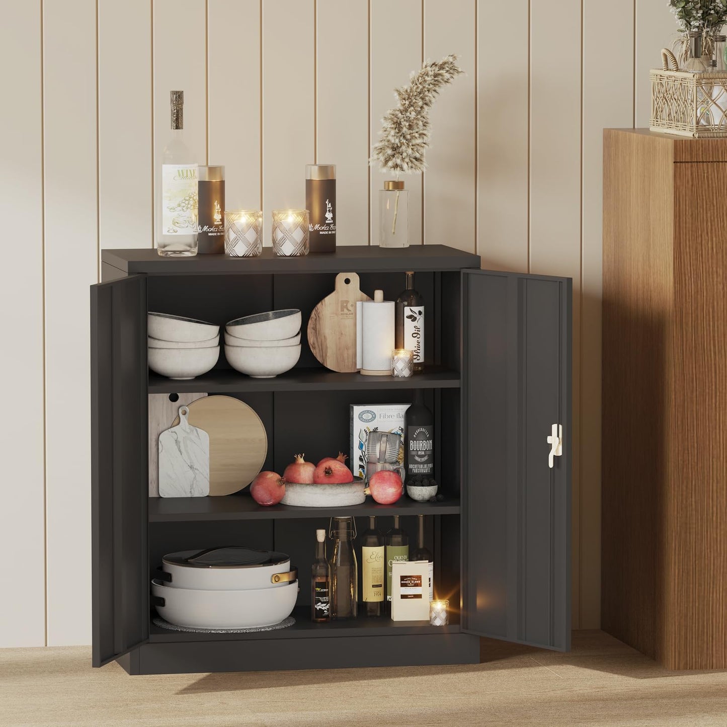 Wall Cabinet Metal Storage Cabinet with Lockable Double Doors, Adjustable Shelves, Heavy Duty Steel Garage Cabinet, Rust-Resistant Hanging Cabinets for Home, Office, Utility Room, Easy Assembly, Black