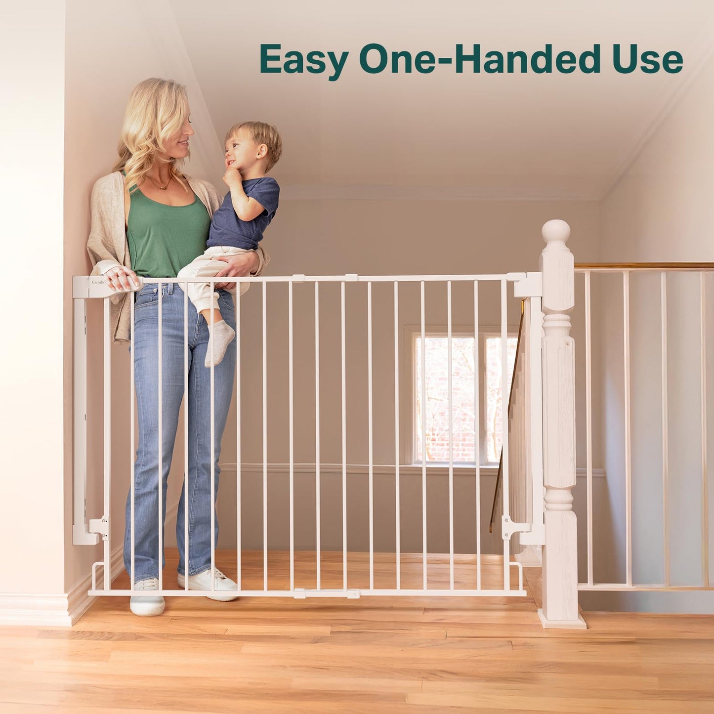 Cumbor 34" Extra Tall Baby Gate for Stairs, Hardware Mounted (Drill Required), Expandable 31.6-48" No Bottom Bar Dog Gate Indoor for Larger Pets, Large Walk Thru Door for Easy Access (White)