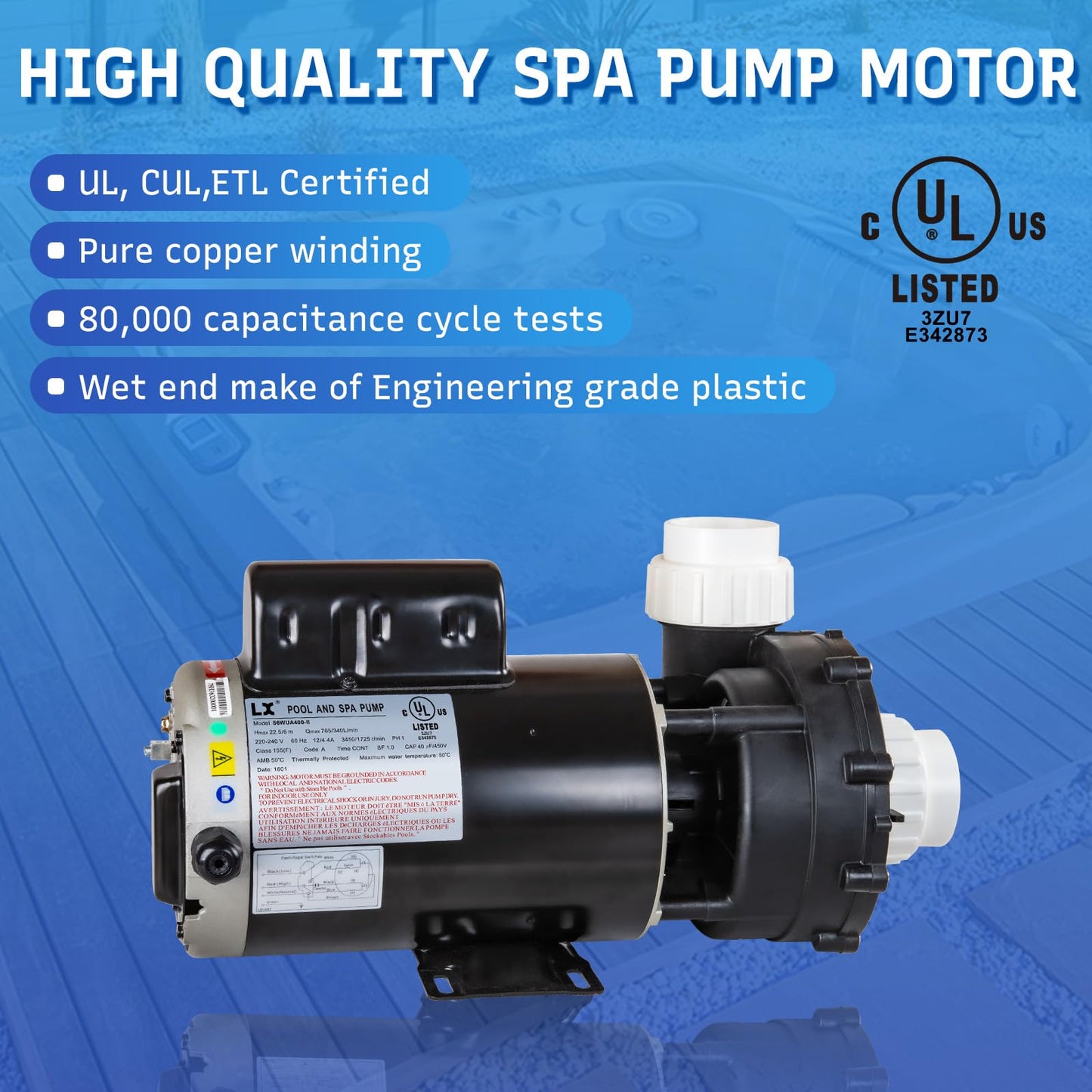 LINGXIAO SPA Pump, 4HP Hot Tub Pump - 2 Speed LX SPA Pumps Motor 220-240V, 2" Port, 56 Frame (Model: 56WUA400-II)
