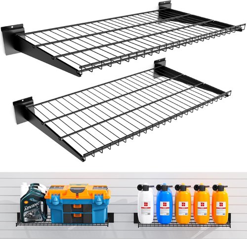 Heavy Duty Metal Slatwall Shelves by [Brand Name] - 24x16.5 Inch for Retail & Home Storage | 2 Pack, Black