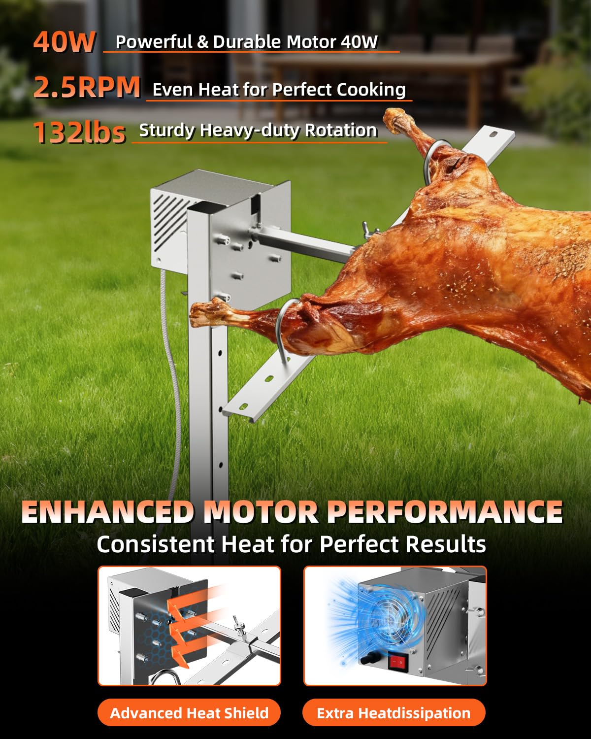 Rotisserie Grill Kit, 47" 132 lbs Capacity, Automatic 28W Motor Electric Height Adjustable Universal Roaster Stand, Stainless Steel Grilling Kit for BBQ Pig Rotisserie Hog Lamb Outdoor Party Campfire