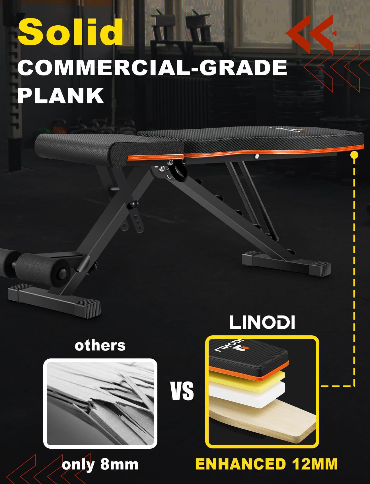 LINODI Adjustable Weight Bench for Home Gym，Foldable Incline Decline Flat Workout Bench for Full Body Strength Training, Dumbbell Press & Ab Exercises