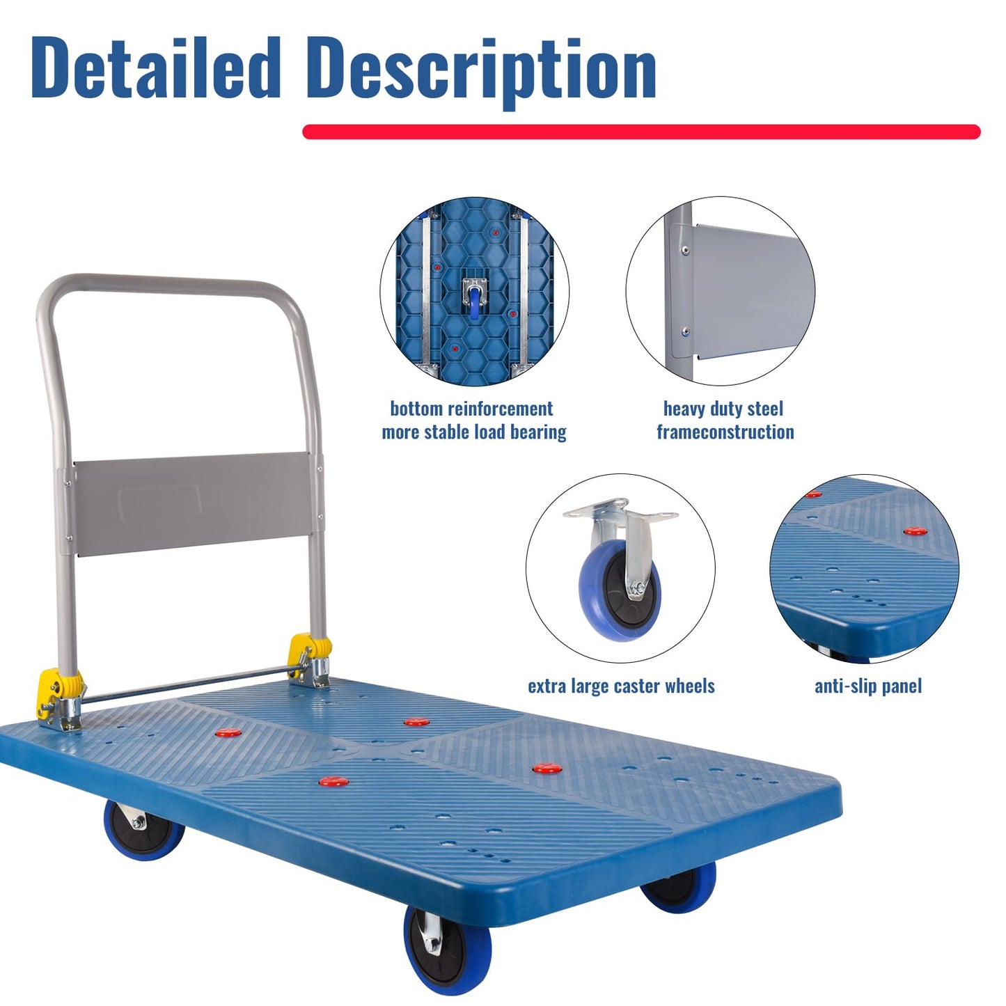 Dawot 1320lbs Foldable Platform Truck Dolly with Swivel Wheels, Heavy Duty Moving Platform Hand Truck, Moving Flatbed Cart Push Cart Platform Dolly Cart for Groceries, Warehouse(43.31" x 25.51" Blue)