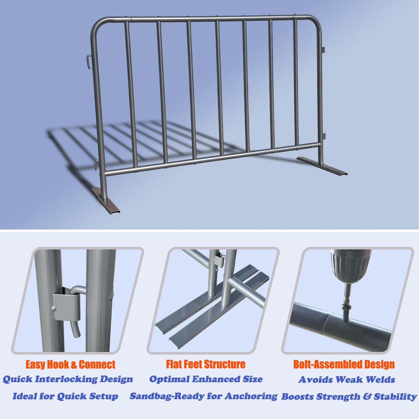 BIGalleons 2-Pack Steel Crowd Control Barrier, Light Duty 5FT Interlocking Safety Barricade, 16GA Galvanized Steel Queue Barrier, Assembly Needed for Pedestrian Traffic & Construction Barricade (Grey)
