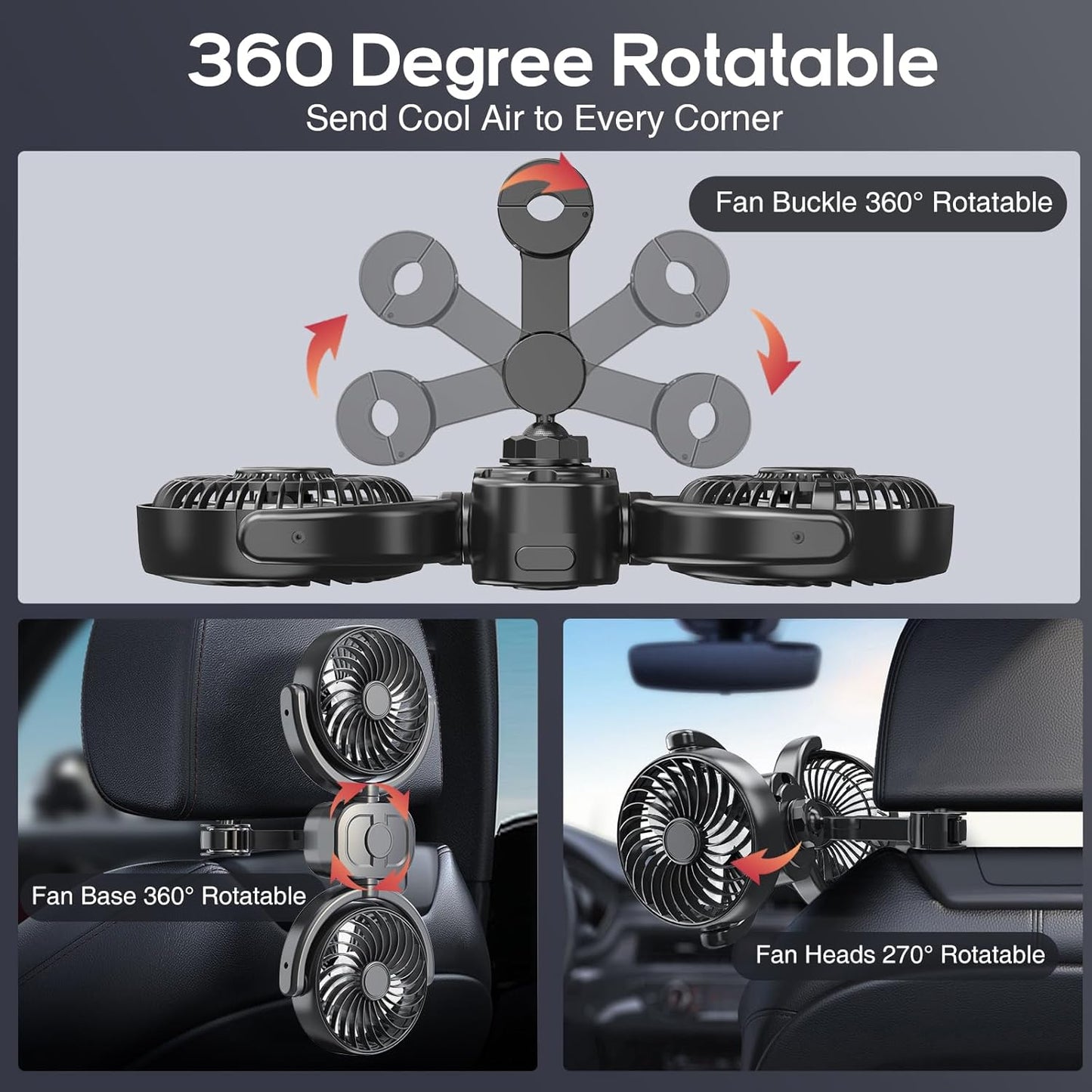 3 360 Dealswin Rechargeable Car Fan for Backseat Kids Baby, Battery and USB Dual Power Car Fans, Powerful Speeds