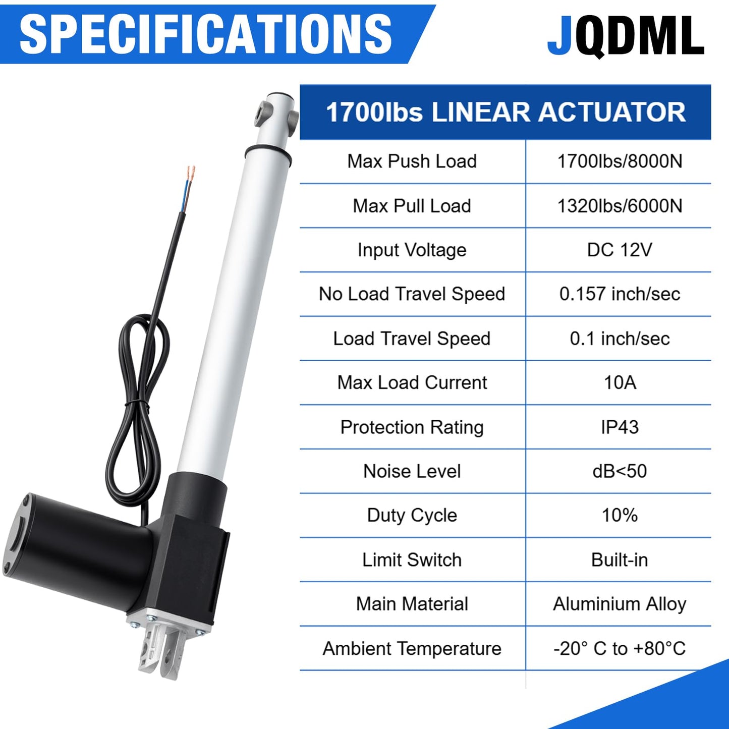 JQDML 24 Inch Stroke 8000N/1700lbs Heavy Duty Linear Actuator 12V Speed 0.157"/sec High Force IP43 Electric Actuator with Mounting Brackets,for Electric Lifting System, Electric Bed,Electric Door