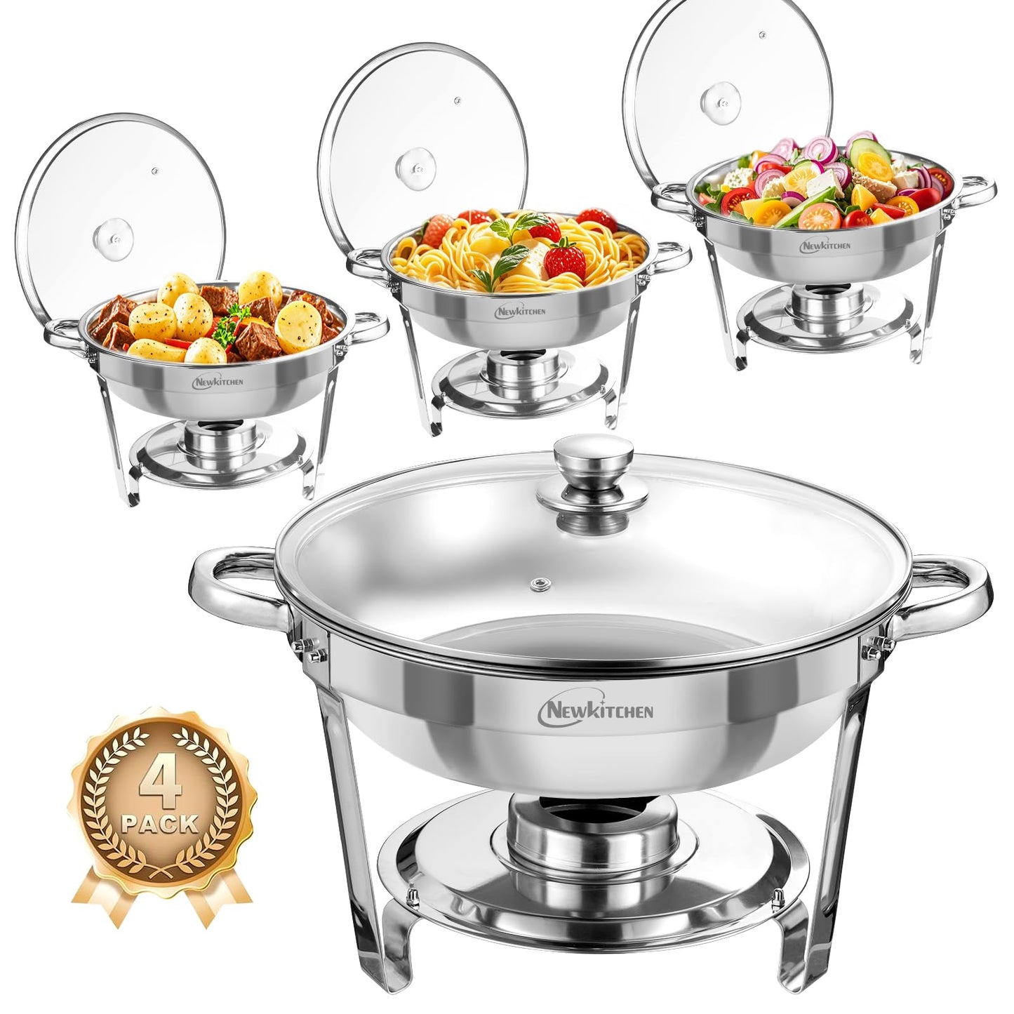 Chafing Dishes for Buffet 4 Pack, 5 QT Round Chafing Dishes for Buffet [Transparent Glass Cover] Stainless Steel Chafing Dish Buffet Set for Any Party