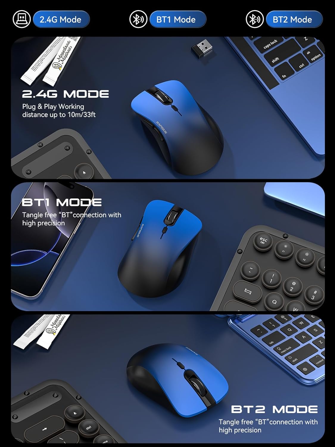 RAPIQUE 2.4 Bluetooth Wireless Mouse - Dual Bluetooth & GHz USB Receiver, Comfortable Grip, Quiet Clicks, Low Power