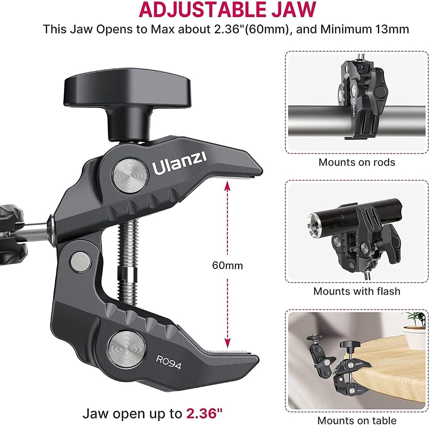 ULANZI 360 1/4"-20 3/8"-16 ST-07 Super Clamp Camera Clamp Mount Monitor Ballhead Magic Arm Double Ball Head Adapter