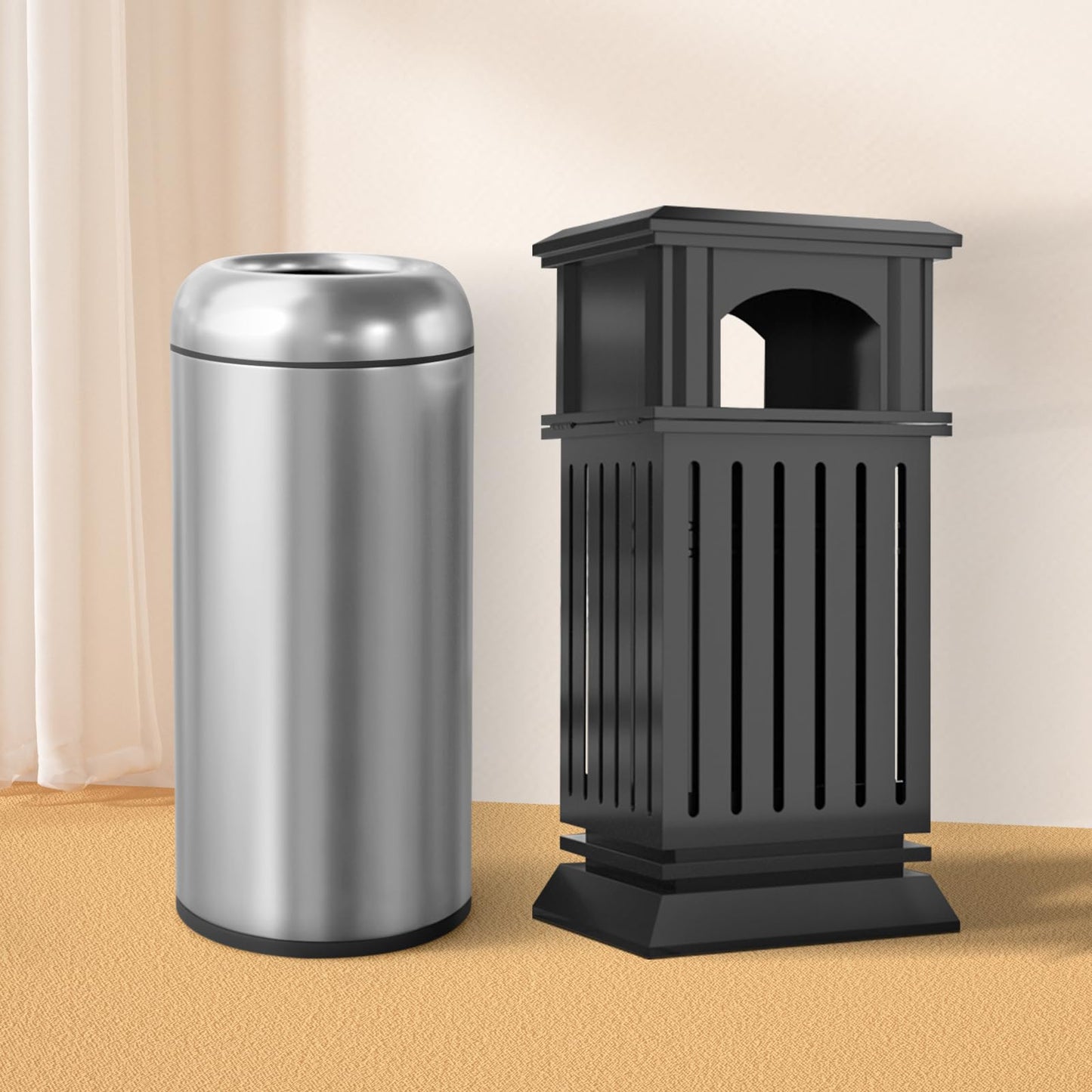 BEAMNOVA 15.8 * 15.8 * 35.5 in Black + 14.6 * 32.7 in Metallic Trash Can Stainless Steel Commercial Garbage Enclosure with Lid
