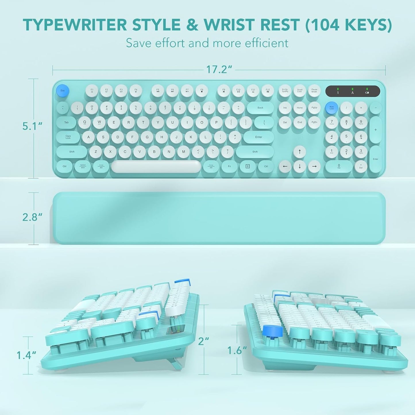 SABLUTE 2.4GHz Wireless Keyboard, Round Keycaps, Retro Typewriter Keyboard with Detachable Wrist Rest, Sleep Mode