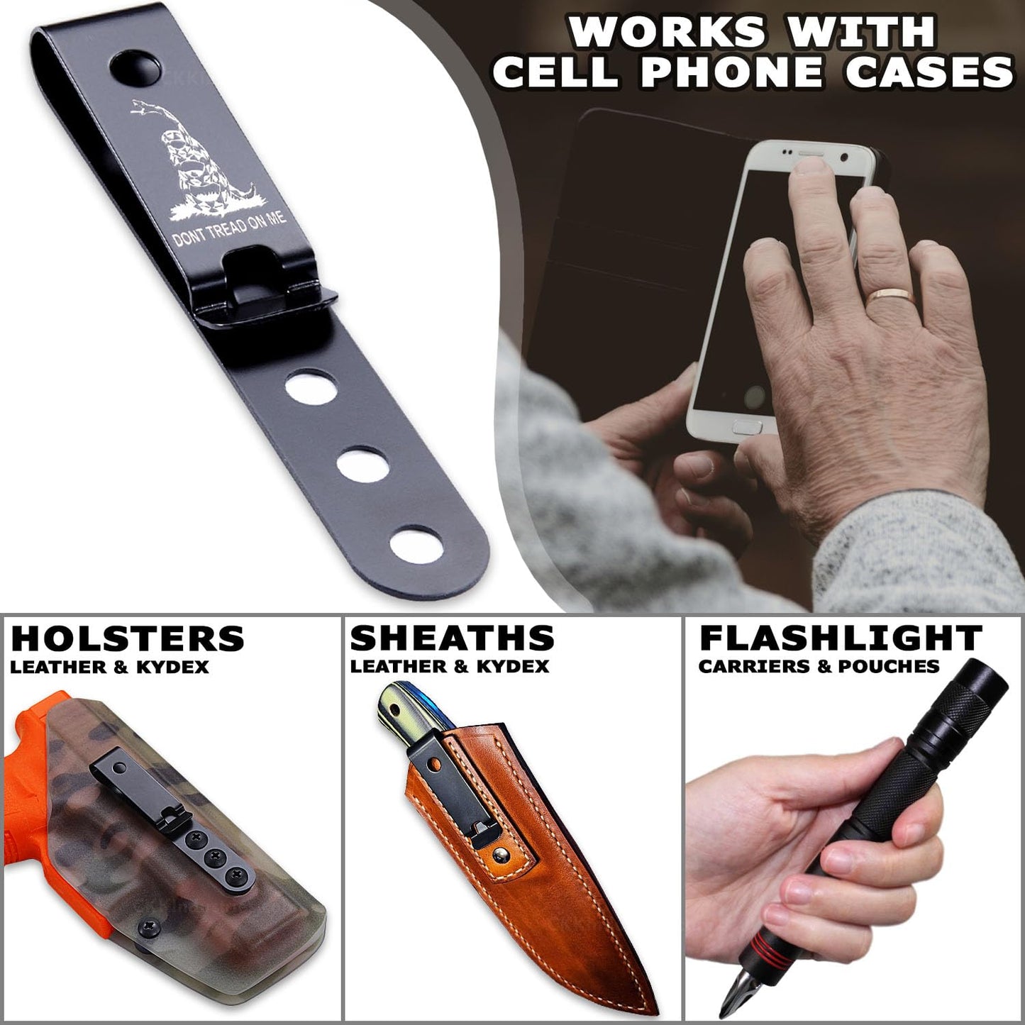 HolsterSmith Universal Metal Belt Clip for Holster Making - (Model 5) - (3-Hole) - (Tactical Black) - (w/Don’t Tread On Me Engraving) - (1 Pack)