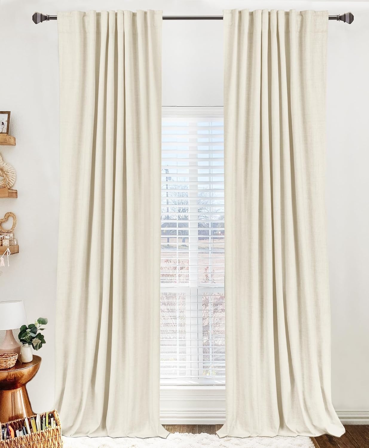 Skiennix 100% Blackout Linen Curtains - Thermal Insulated Drapes for Bedroom | 84" Long, Light Cream, 2 Panels Set
