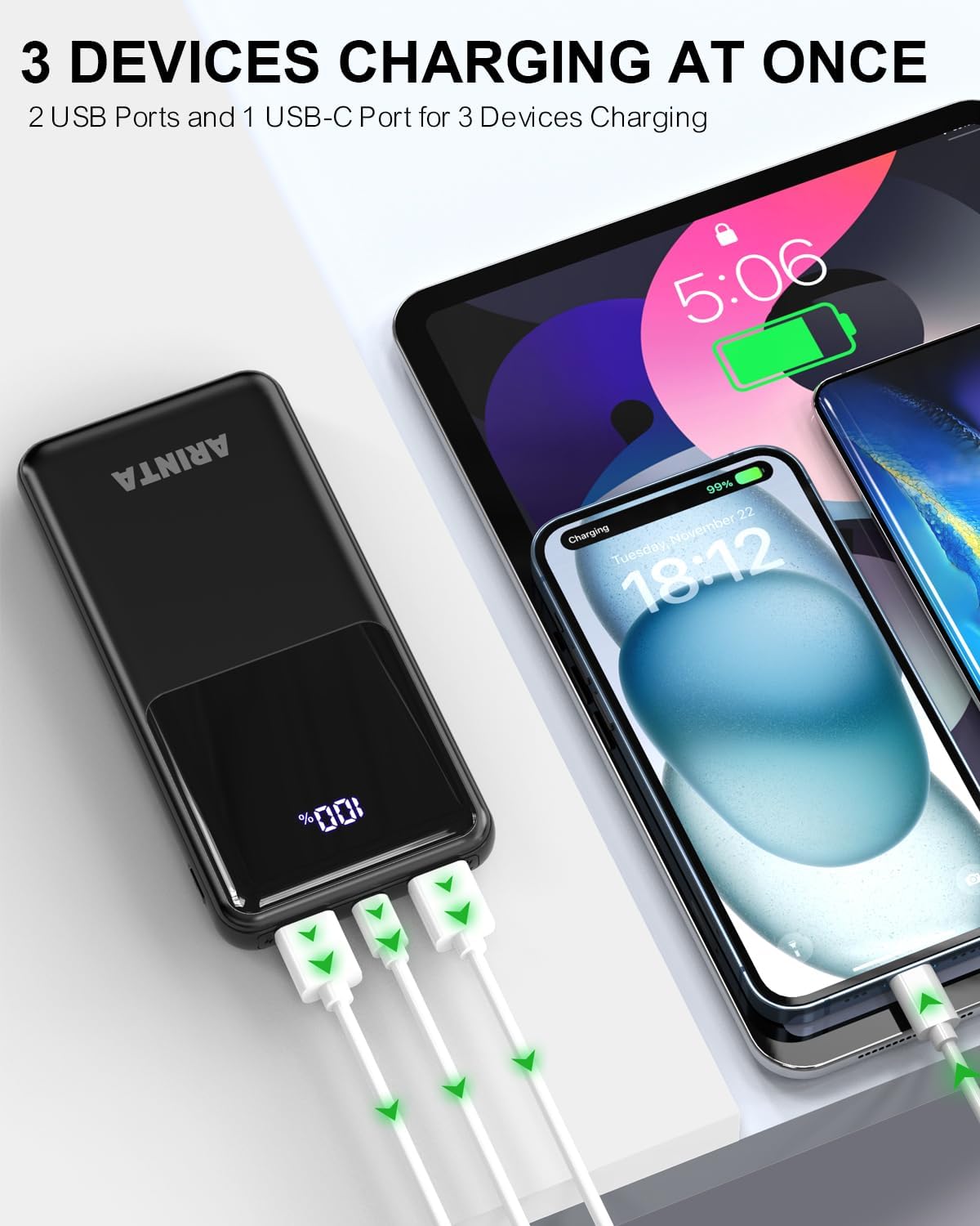 ARINTA 10000mAh 22.5W Pack, Power Bank Portable Charger PD Battery LED Display & USB-C in/Out, Travel Essentials
