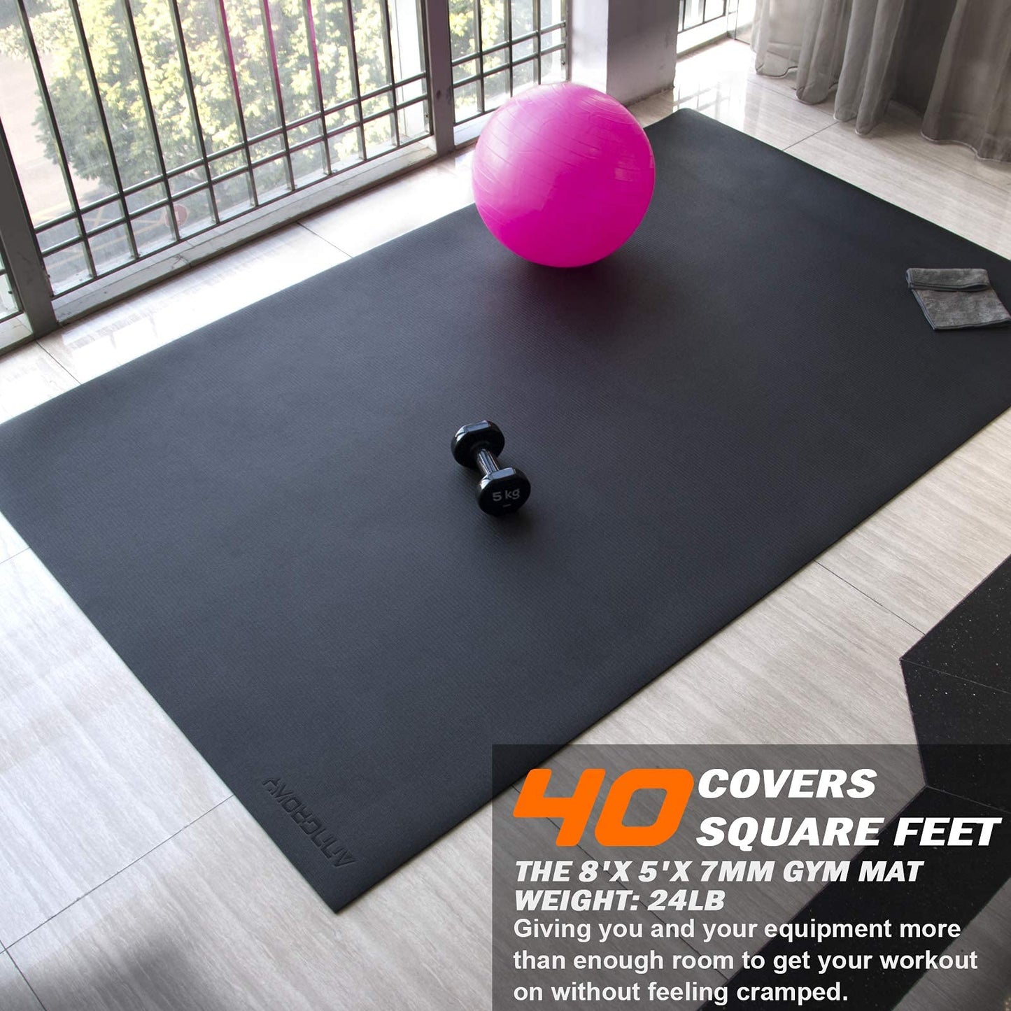 anngrowy Extre-Large Exercise Mat 8'x5'x7mm Gym Mat for Home Workout Equipment Flooring Mat Non-Slip Large Rubber Yoga Mat for Fitness, Weightlift, Cardio, Jump Rope, Plyo, MMA, Treadmill, Stretch