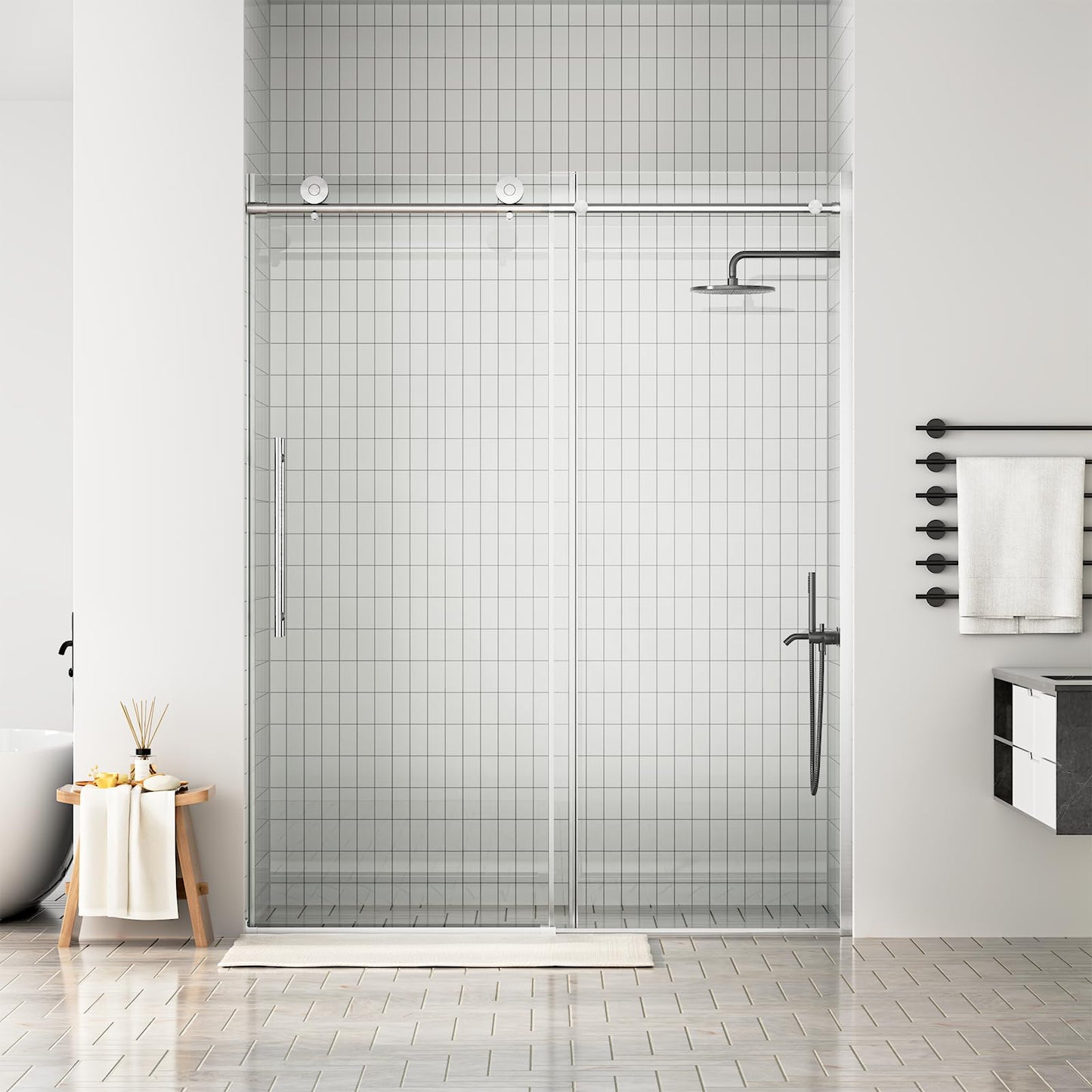 WinZo Frameless Shower Door 56-60 in W x 75 in H, Sliding Shower Door with 5/16"(8mm) Clear Tempered Glass Shower Door, Easy to Clean Bathroom, Silent Soft-Close Design, Brushed Nickel