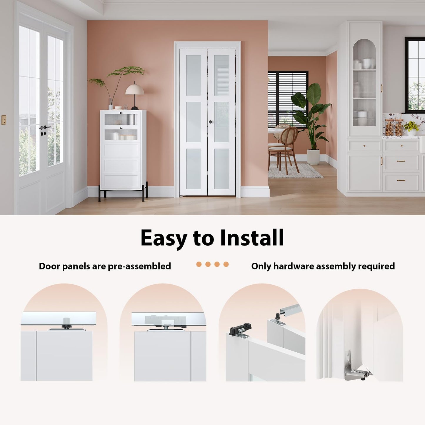 EaseLife Preassembled Bi-Fold Doors, for 24"x 80" Opening,Tempered Frosted Glass Closet Folding Barn Door with Concealed Hardware Kit,MDF Wood Panel,Water-Proof PVC Surface,Easy Installation