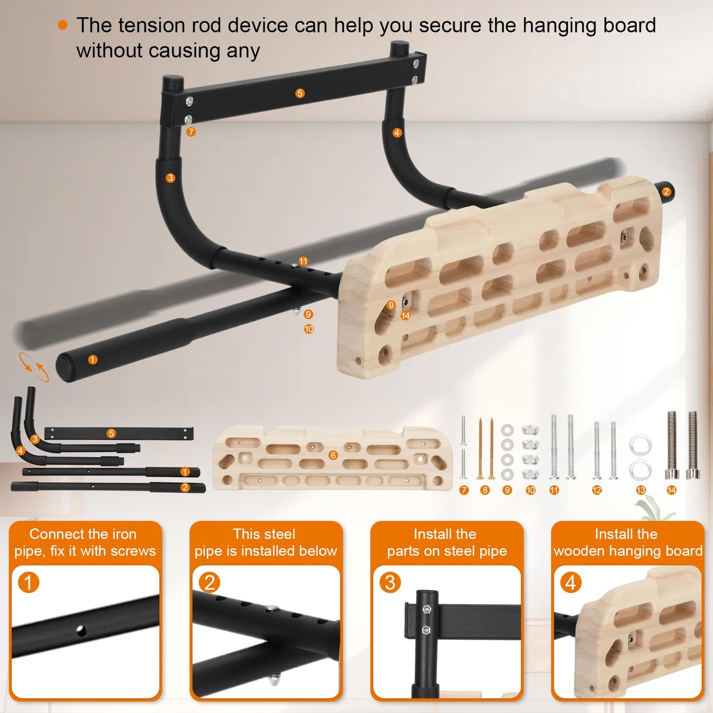 JOYTRADE Hangboard Rock Climbing Hangboard with Door Way Pull Up Bar, 2 in 1 Doorway Fingerboard for Rock Climbing Training & Home Fitness, Including Jugs Pinches Pockets Edges & Slopes, 4-8 inches