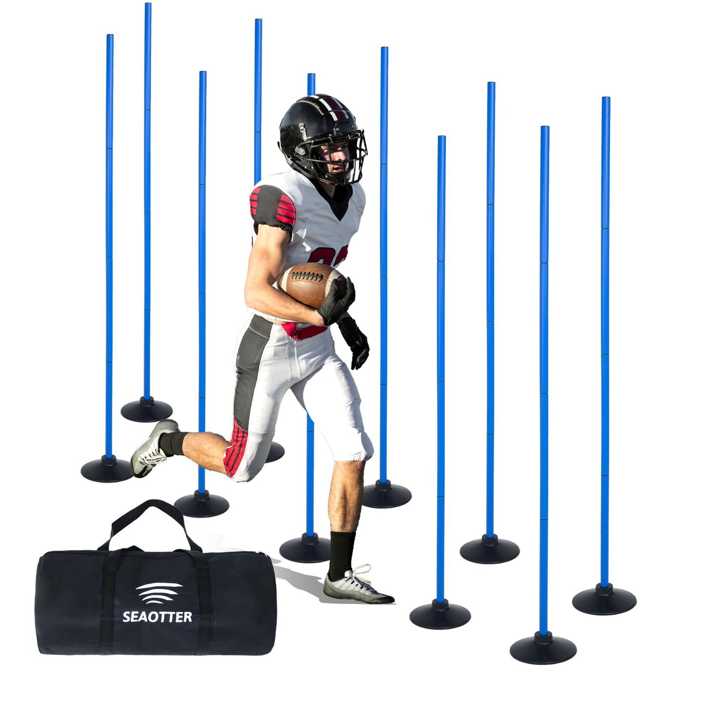 SEAOTTER Soccer Agility Poles Set, 10Pcs 6FT Adjustable Sports Trainning Speed Poles Slalom Poles with Rubber Base, Agility Training Equipment for Football, Rugby, Basketball, Indoor & Outdoor