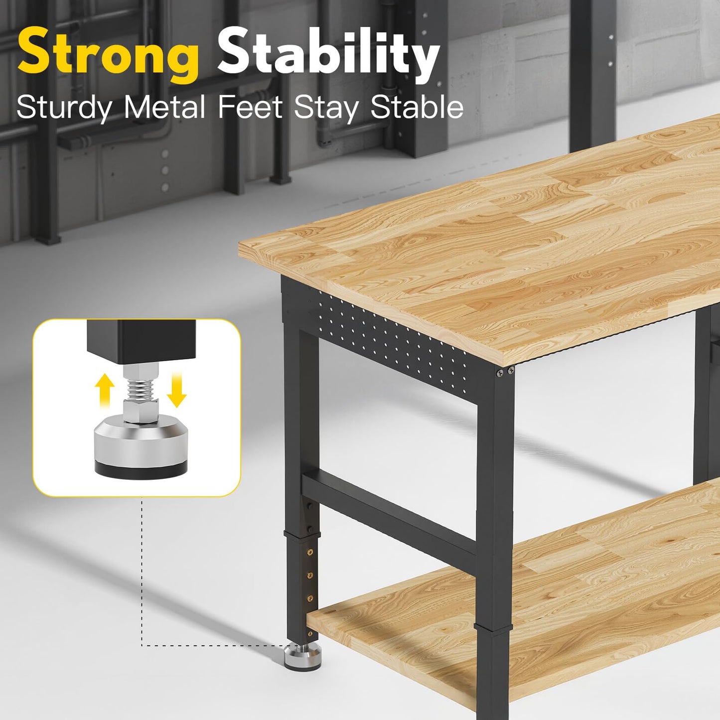 96” Adjustable Work Bench, 2-Layer Heavy Duty Workbench, 6000 LBS Capacity Workbench with Pegboard & Power Outlet, Rubber Wood Work Table for Garage, Office, Workshop, Home
