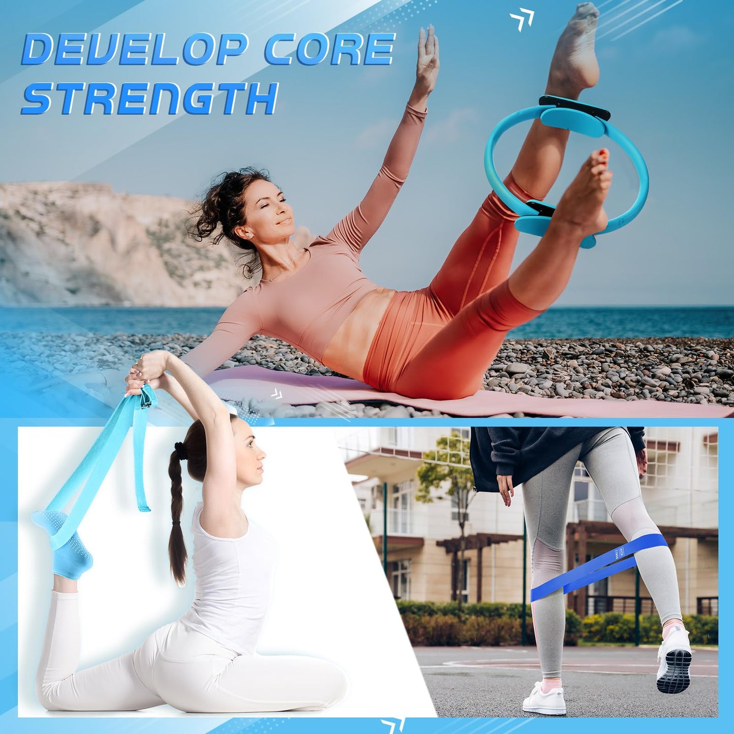 Poen 18 Pcs Home Pilates Ball and Ring Circle Set Yoga Fitness Essentials Kit with 5 Resistance Band Stretching Strap Non Slip Sock Ball Core Slider Wristband Headband Gym Bag for Women(Blue)