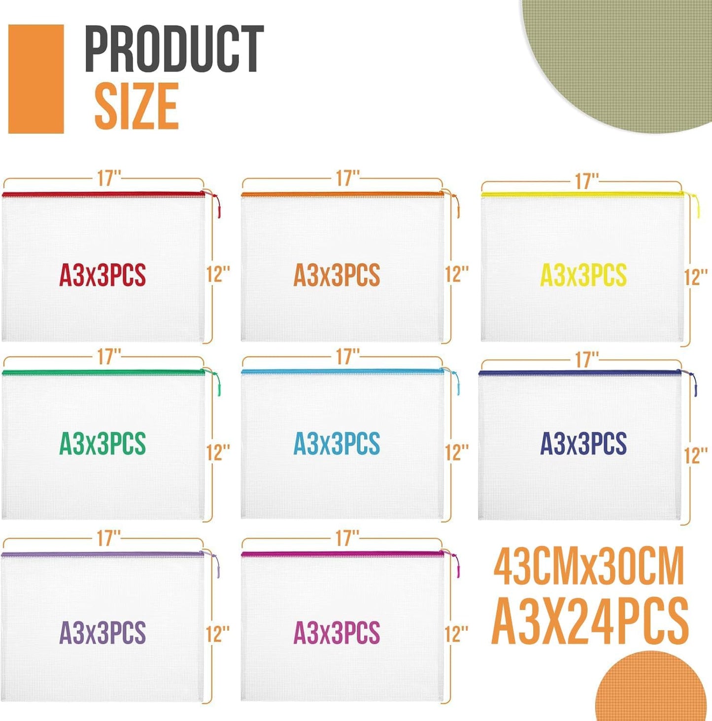 Skiennix 24-Piece Mesh Zipper Pouch Set - Large A3 17x12 Inch Reusable Storage Bags for Organizing Games & Files