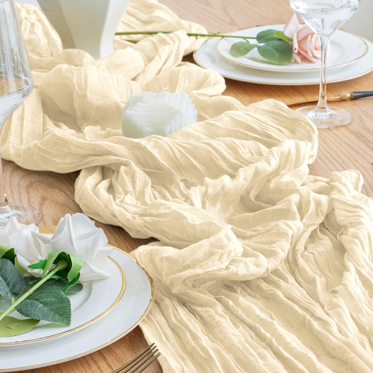 Skiennix Table Runner - 10FT Beige Boho Gauze Cheesecloth for Rustic Wedding & Party Decor