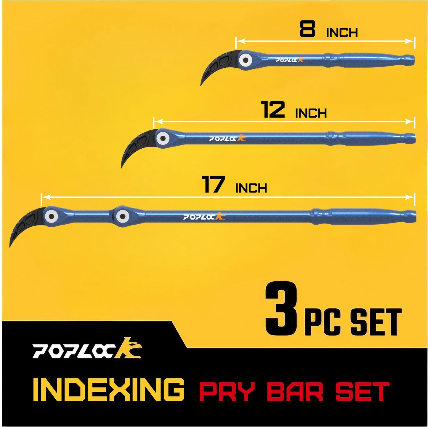 POPLOCK 3-Piece Indexing Pry Bar Set, 8" 12" 17" Adjustable Articulating Mechanic Pry Bars with Double Gear Head for Brake, Wheel Hub, Belt Tensioner, Suspension & Engine Bay Work