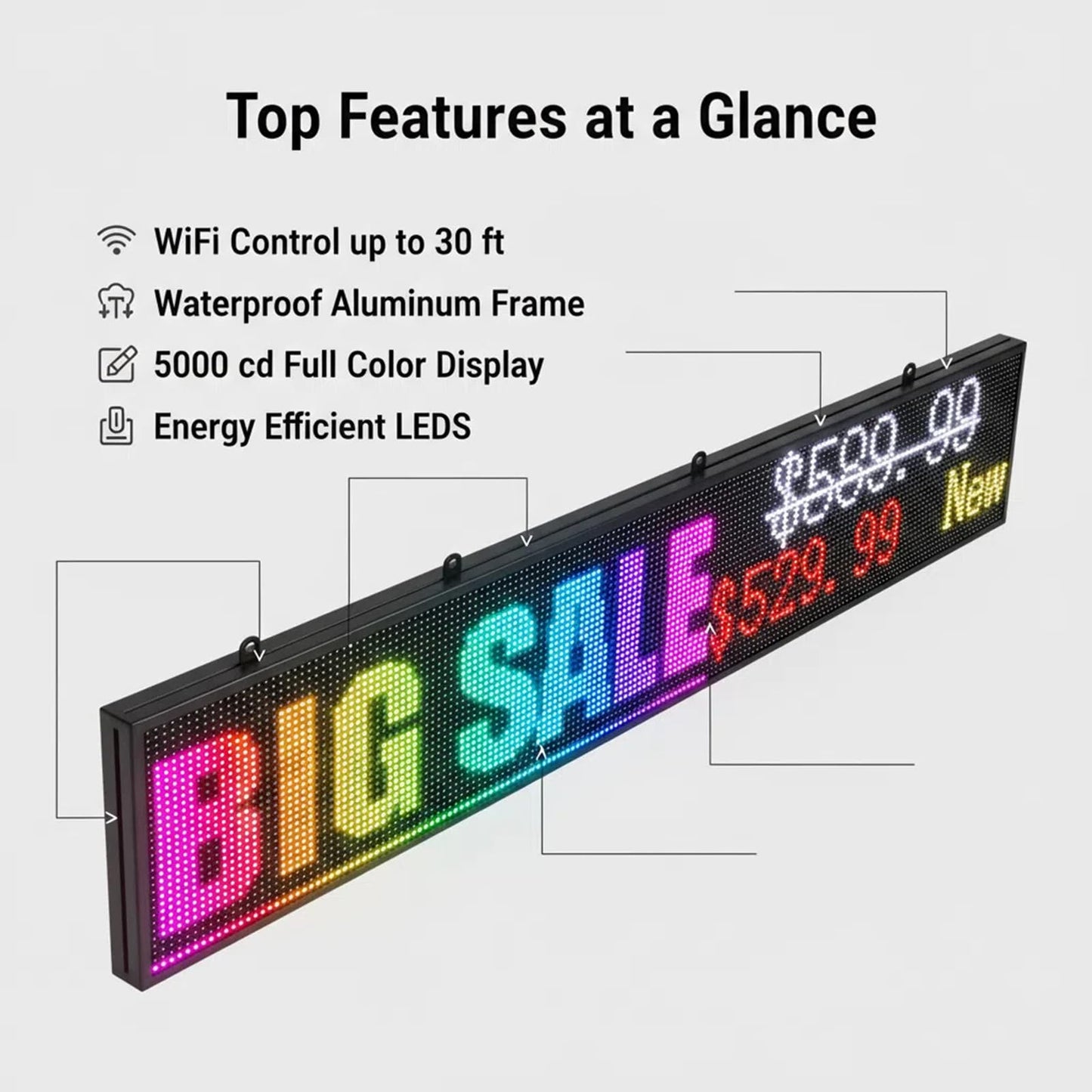 P10 Scrolling Led Sign 77"X14" Programmable Display Digital Sign Outdoor Message Board For Business Custom Banner Word Light Advertising Wifi Control High Brightness Neon