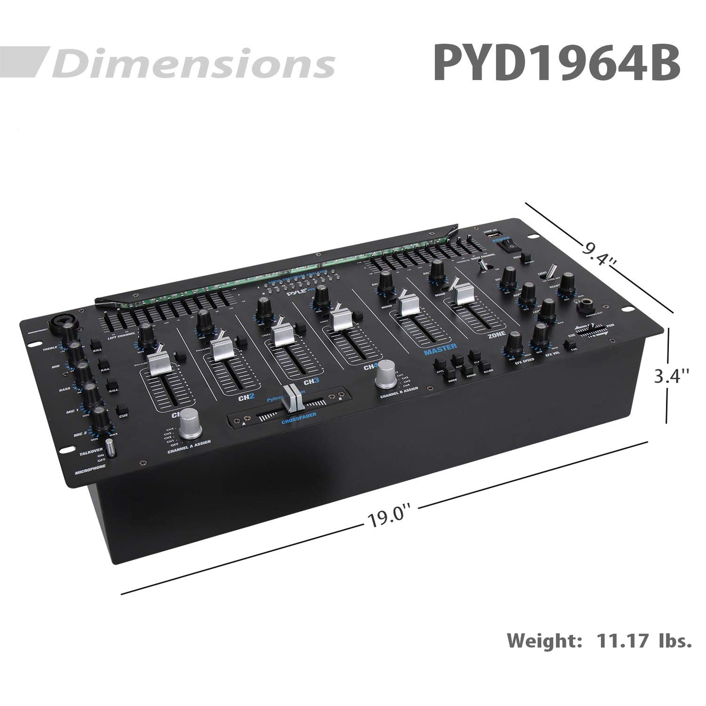 Pyle 6 Channel Mixer, Bluetooth DJ Controller, Stereo Mixer, Professional Sound System, LED Illumination, Mixer Digital Audio, Digital Mixing System, Speed Control, 5U Rack Mount System (PYD1964B)