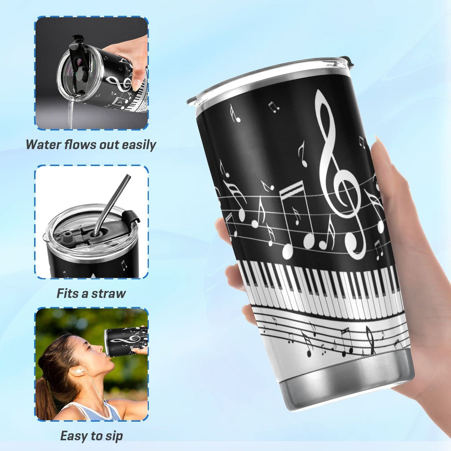 Selerdon 20 oz Piano Keys Music Note Insulated Tumbler Coffee Mug Double Wall Vacuum Travel Mug with Straw and Lid Stainless Steel