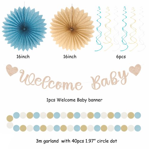 Light-Dusty Blue Boho Baby Shower Party-Decorations - 21pcs Beige Champagne Boy Neutral Welcome Baby Banner Decor,Paper Lanterns Pom Poms Fan Supplies,Streamers Garland Wall Backdrop Favors Huglony