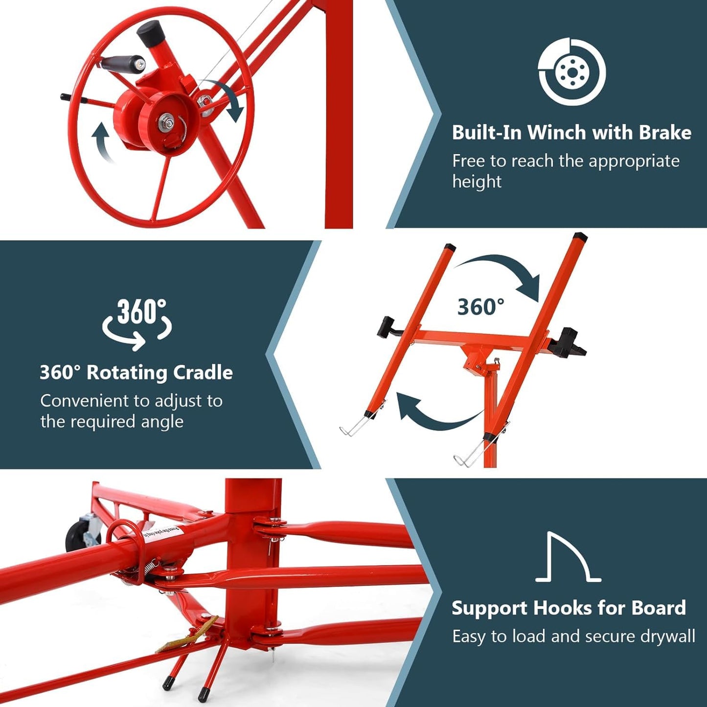 Rovibek 11FT Drywall Lift, Drywall Jack Lift for Ceiling, 360° Adjustable Drywall Panel Hoist, 150LBS Heavy Duty Drywall Lifter, Foldable Sheetrock Lift, Drywall Lift for Home Improvement (Red)